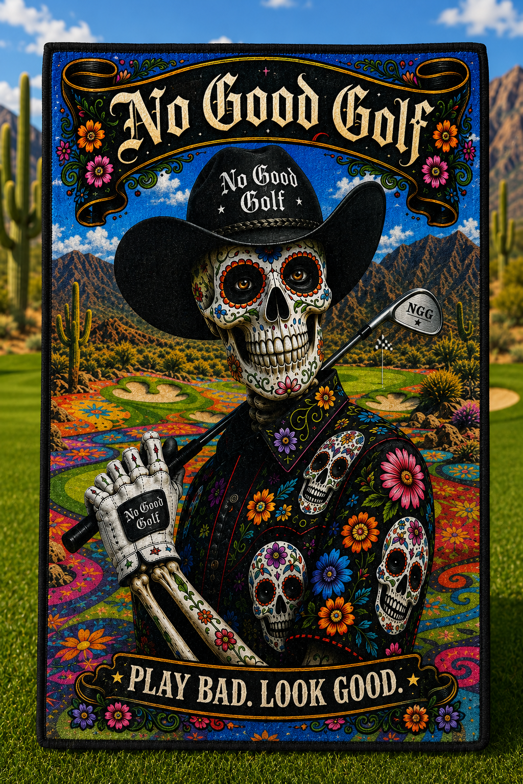 16x24  No Good Sugar Skull Golfer Golf Towel
